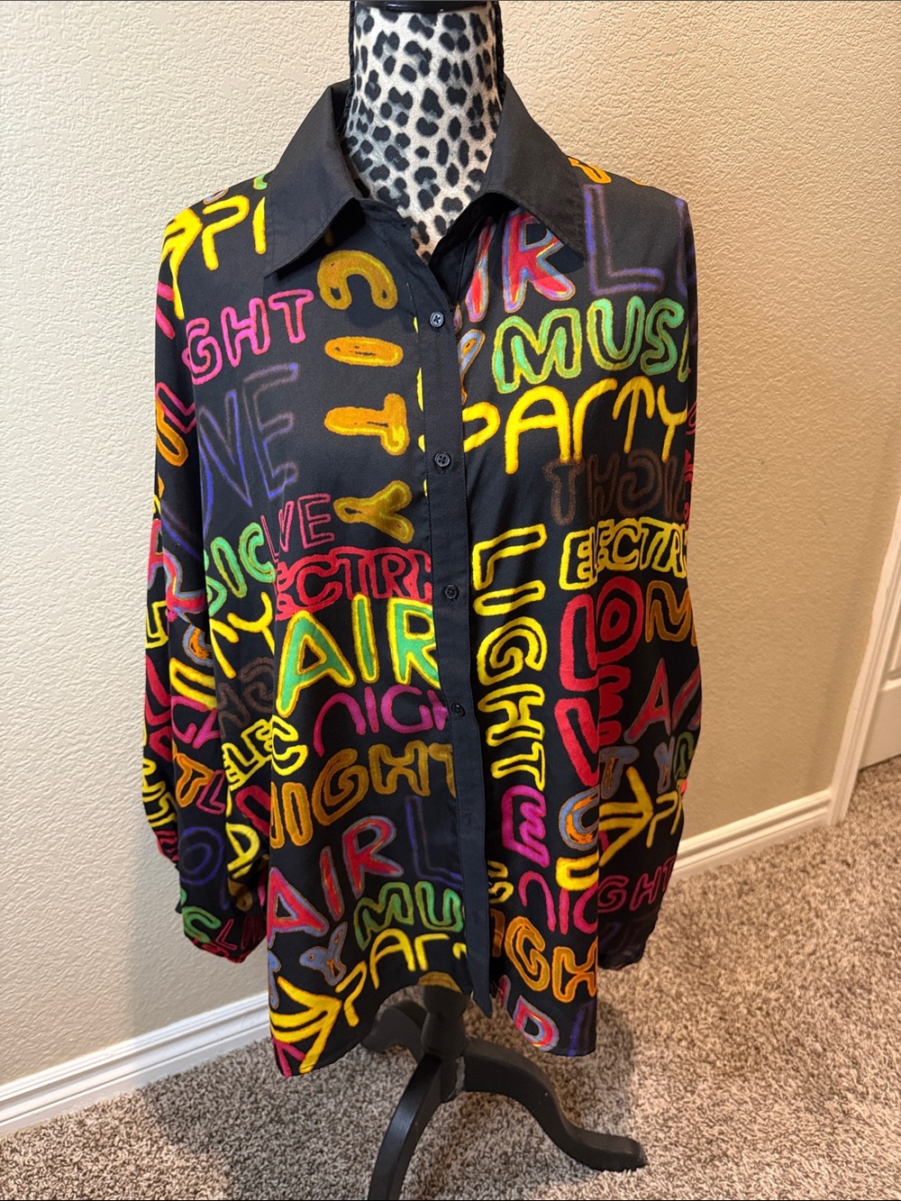 Black Button-Up Shirt with Neon Graffiti Words